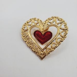 Vintage 1990 Dangling Heart Pin Gold Tone Red Enamel Avon  W Box Love valentines